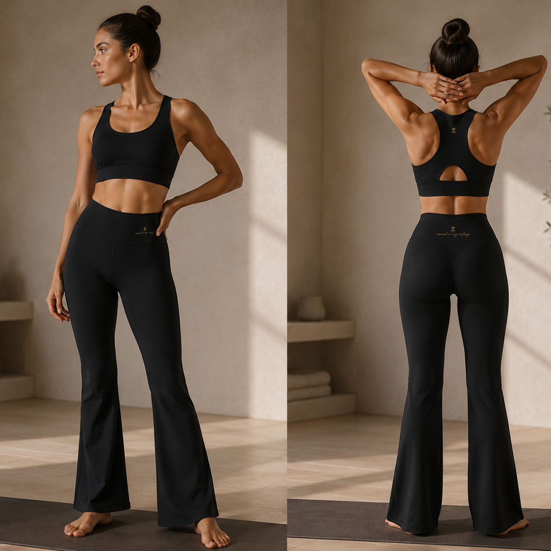 Woman in black athletic wear standing on a mat in a room with shelves and decor.