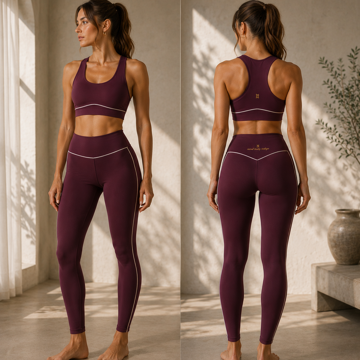 Woman wearing a purple athletic outfit in a well-lit room.