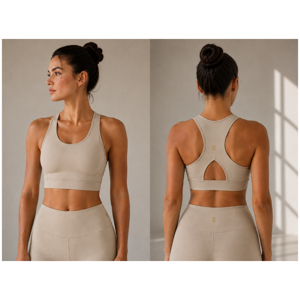 Woman wearing a beige sports bra and leggings set, shown from front and back.