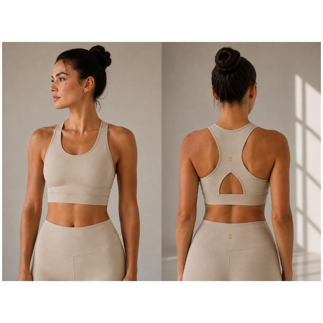 Woman wearing a beige sports bra and leggings set, shown from front and back.