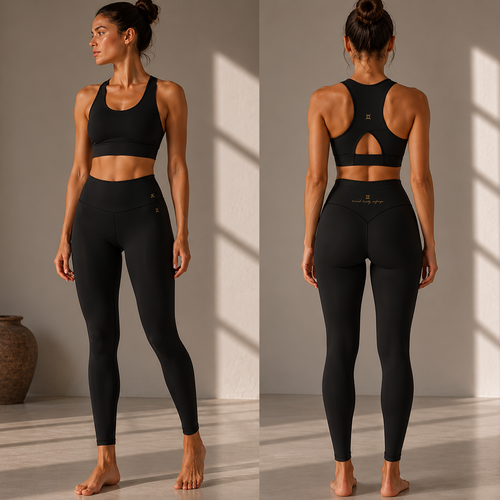 Woman wearing a black athletic outfit with cut-out design on a neutral background
